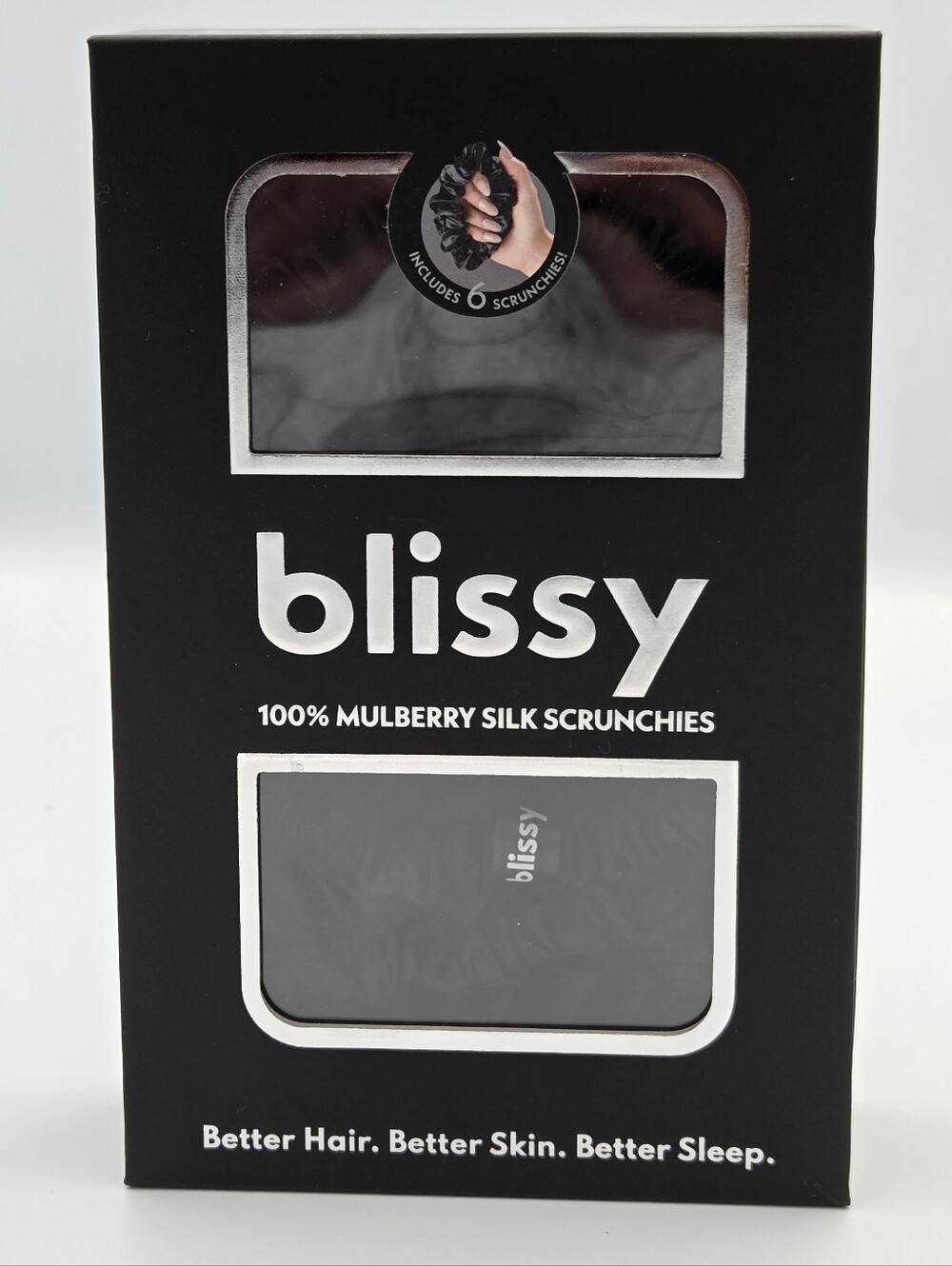 Blissy 100% Mulberry Silk Hair Scrunchies Black 6 Pack NIB